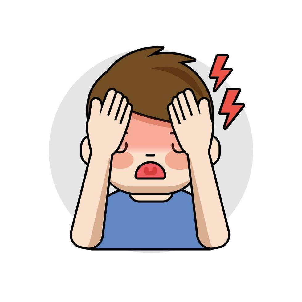 Boy suffering from headache or migraine touching his forehead. vector