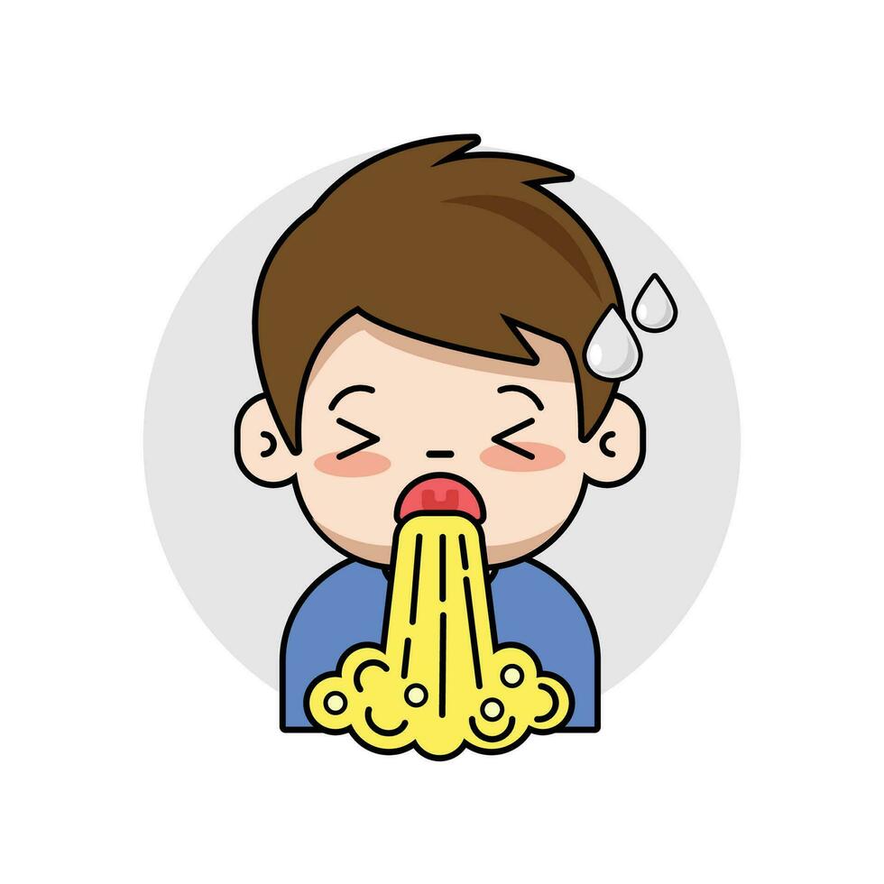 Sick boy vomiting cartoon vector illustration.