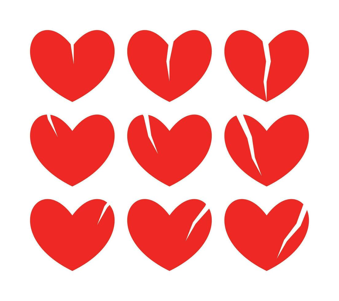 set of red heart icons, symbol of broken heart or separation. vector illustration for love