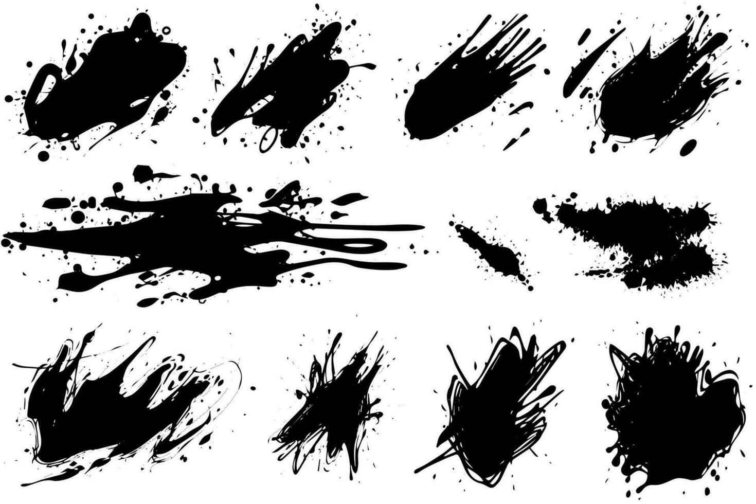 Vector set of ink splashes. Black inked splatter dirt stain splattered spray splash with drops blots isolated.