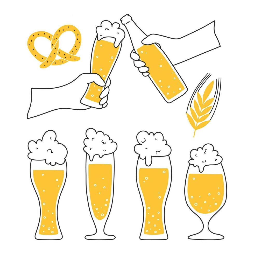 Set of beer elements in doodle style. Vector illustration. Linear collection of Glasses of beer, bottles of beer and beer snacks.
