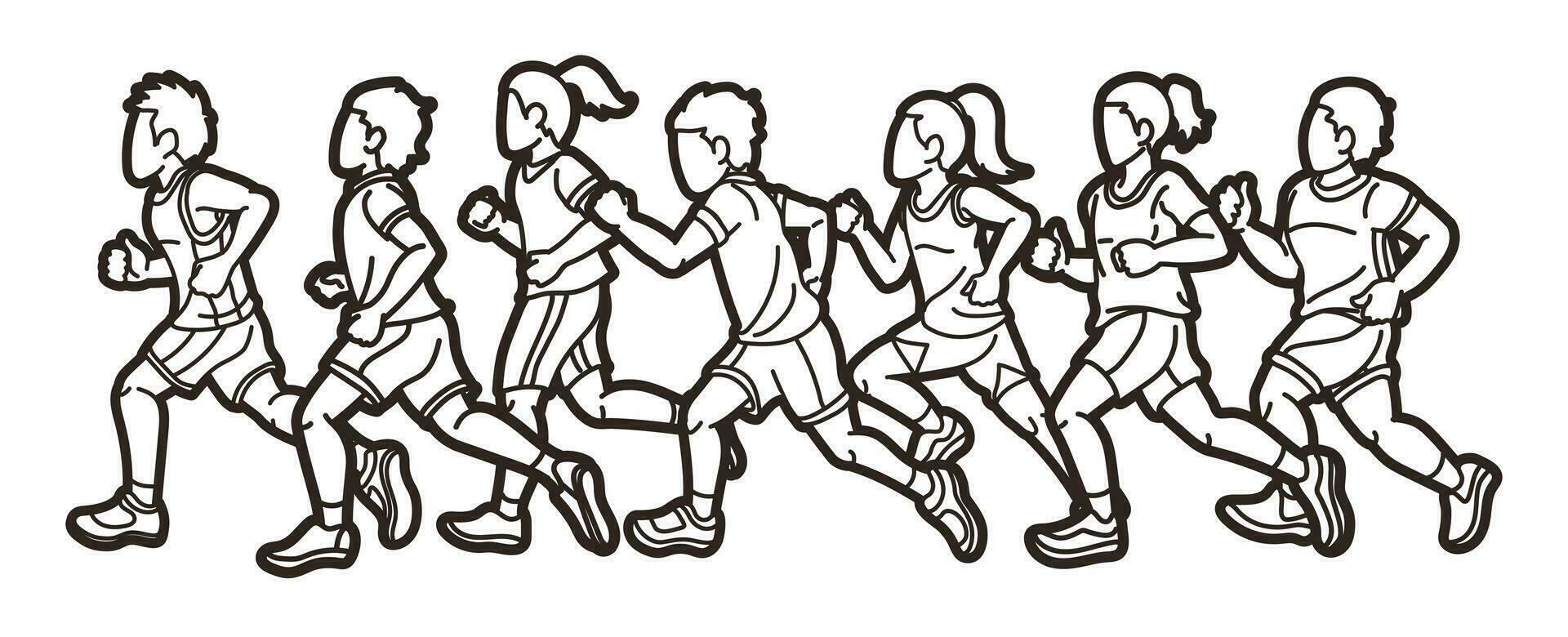 grupo de niños corriendo chico y niña mezcla acción corredor jugar juntos dibujos animados deporte gráfico vector