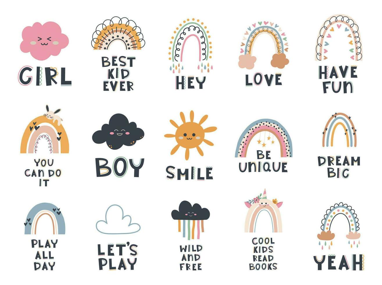 Cute hand drawn phrases with rainbow, sun, stars, cloud in boho style. Cartoon doodle print for nursery. Design for shower invitation card, birthday, children's party, book cover, poster vector