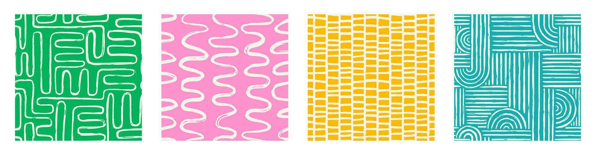 Set of Aesthetic Contemporary printable seamless pattern with abstract Minimal elegant line brush stroke shapes and line in vibrant colors. vector