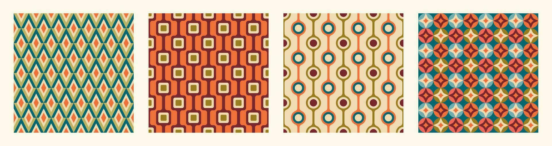 Set of Aesthetic mid century printable seamless pattern with retro design. Decorative 50s, 60s, 70s style Vintage modern background in minimalist mid century style for fabric, wallpaper or wrapping vector