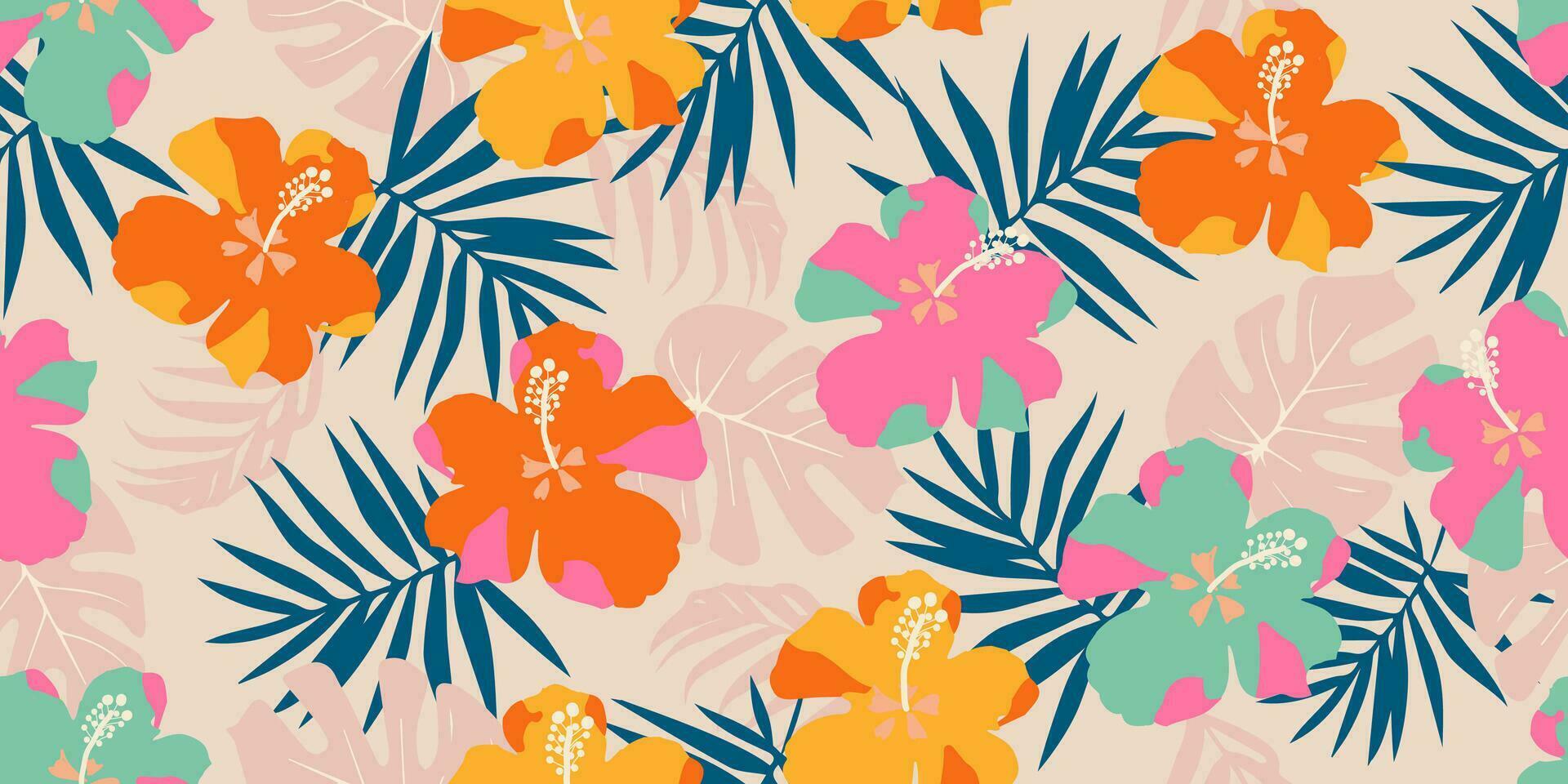 Tropical flower pattern seamless, silhouette of blooming, hand drawn botanical, Floral leaf for spring and Summer time, natural ornaments for textile, fabric, wallpaper, background design. vector