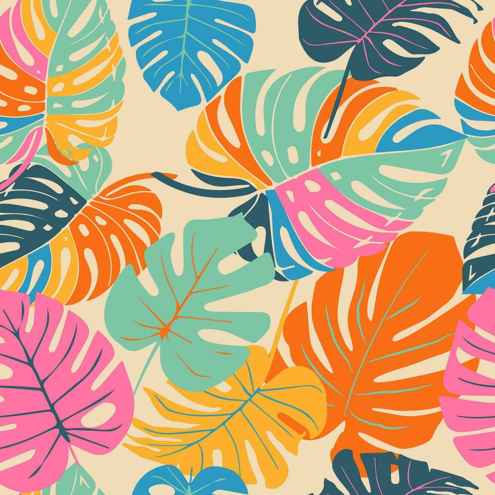 monstera hoja sin costura patrón, mano dibujado botánico, primavera y verano tiempo, verde estilo, natural adornos para textil, tela, fondo de pantalla, antecedentes. vector