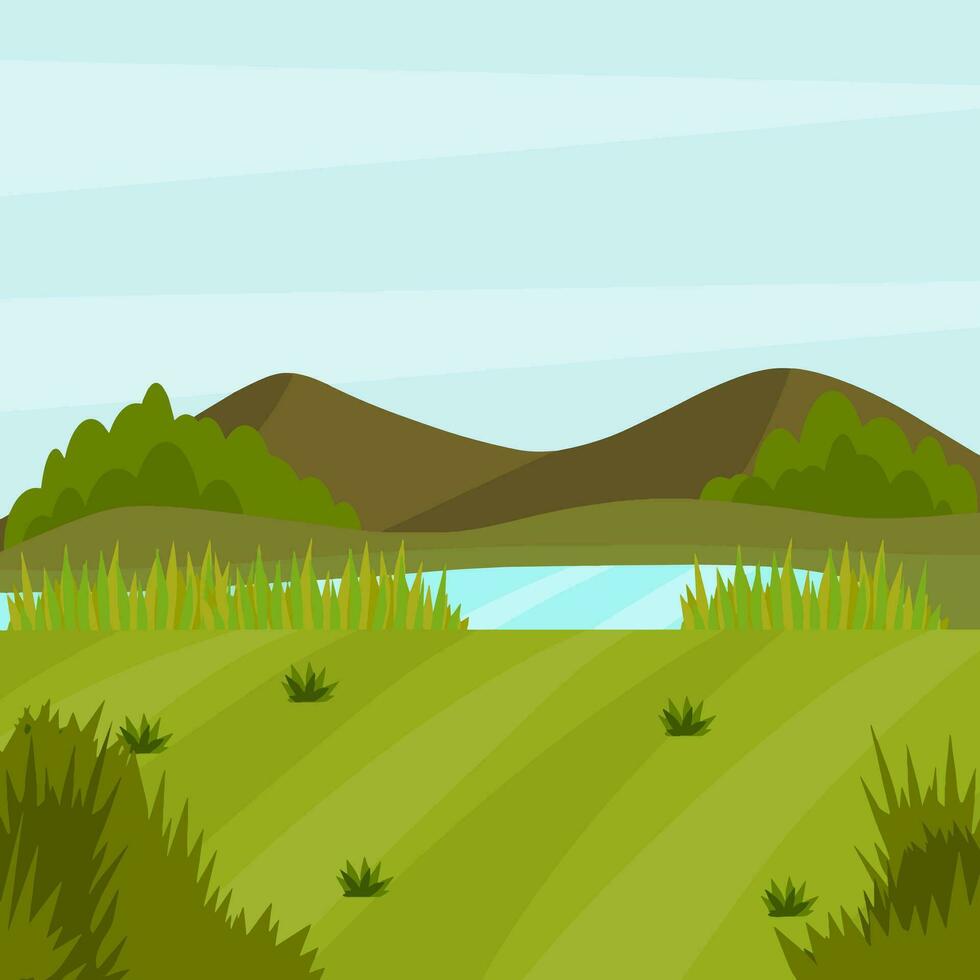Forest lake and pond. Beautiful summer place to relax and landscape. Cartoon flat illustration vector