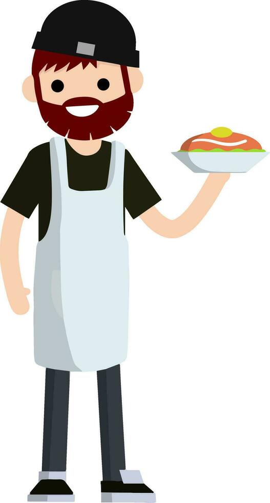 cocinero en blanco delantal y gorra con plato de alimento. trabajo en cafeterías y restaurante. tipo de profesión. el hombre cocido comida en plato. dibujos animados plano ilustración vector