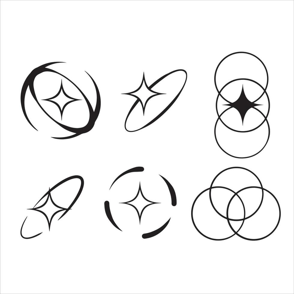 Y2K stars, starburst and retro futuristic graphic set. Collection of Trendy brutal rounded ring collection vector