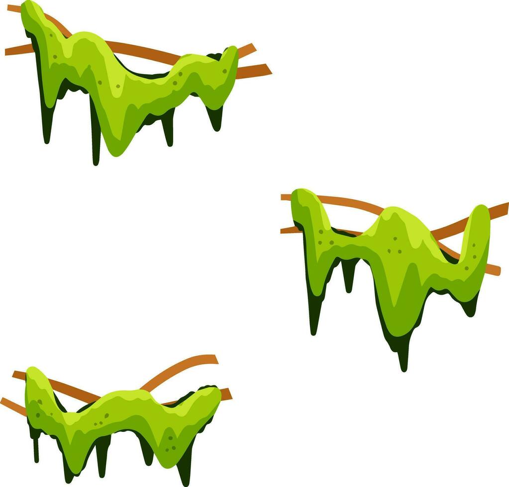 Set of branches with moss and green grass. Part of scenery of jungle. Swamp bog vine of trees. Marsh plant. Cartoon flat illustration. Element of tropical forest vector