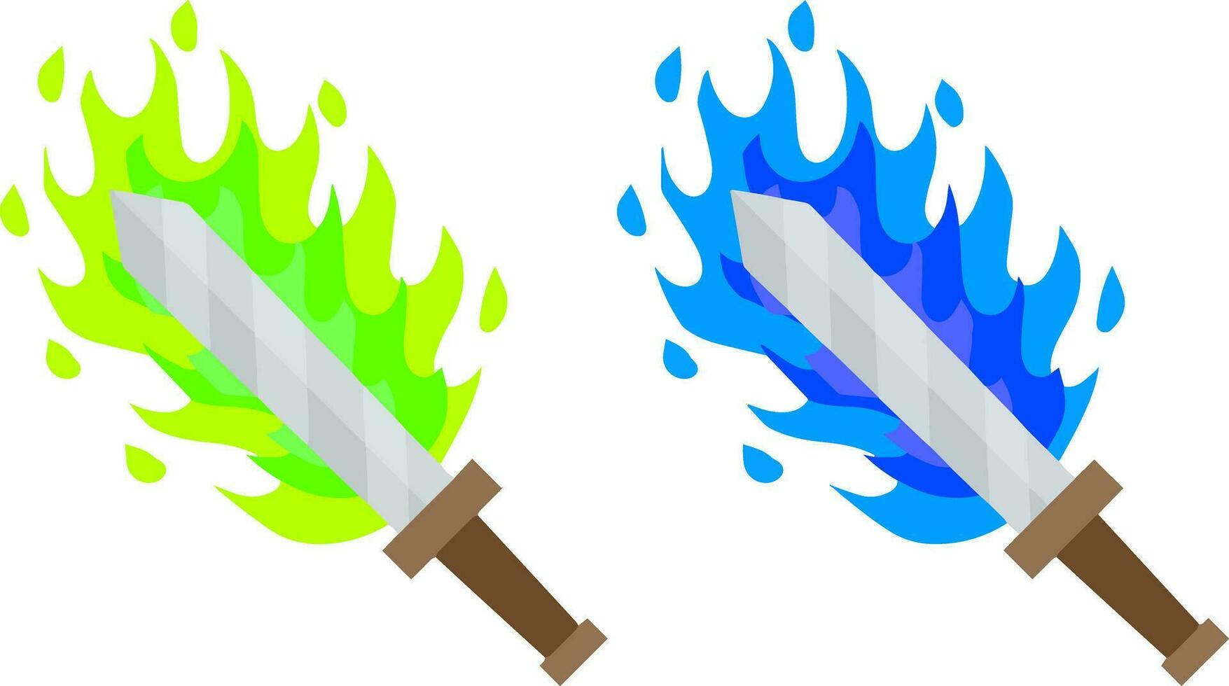 Fiery sword. Magic weapon of a knight, a sorcerer, a magician. Green acid and blue Fire spell. The medieval element of the game. Dangerous cold flames. Cartoon flat illustration. Burning blade. vector