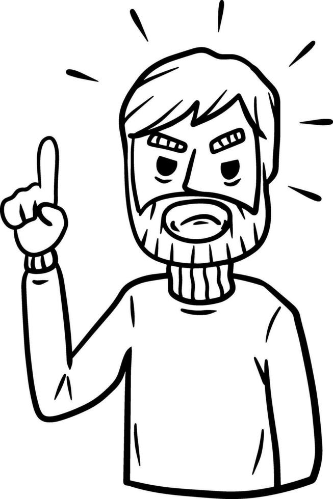 Stern man points with his finger. Negative emotion guy. Note and remark. Cartoon hand drawn sketch illustration. Angry hand gesture. Caution and attention vector