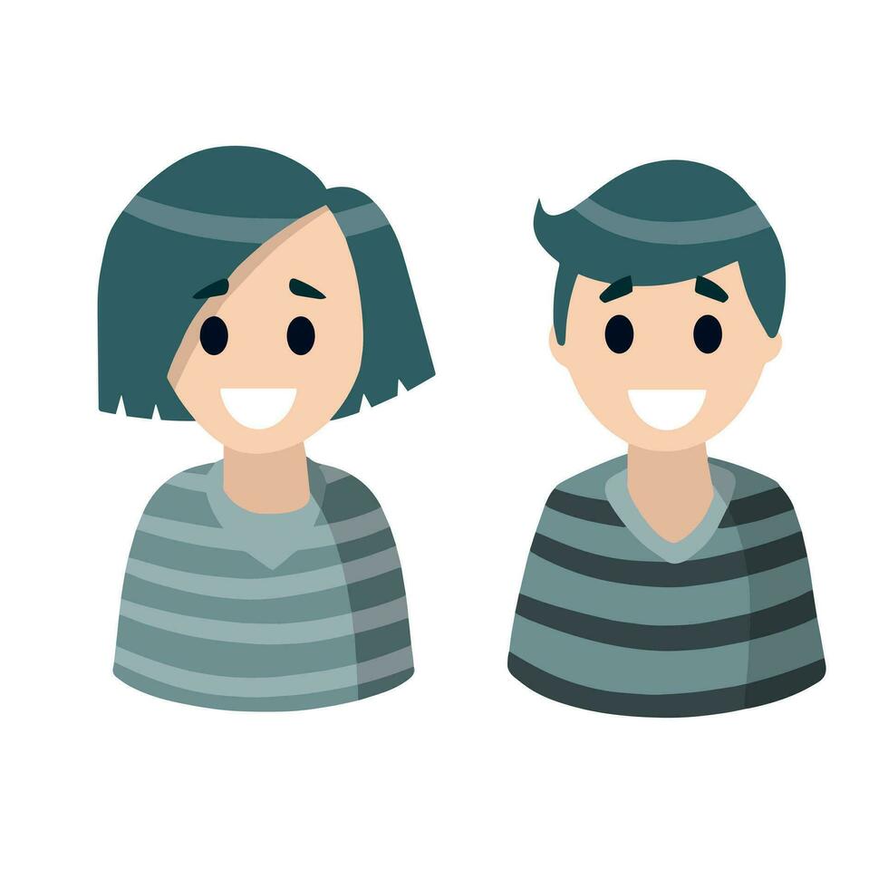 Young man and woman in blue clothes. Teenage students. Avatar of boy and girl for social network. Smiling face with fun hair. Happy people. Flat cartoon vector