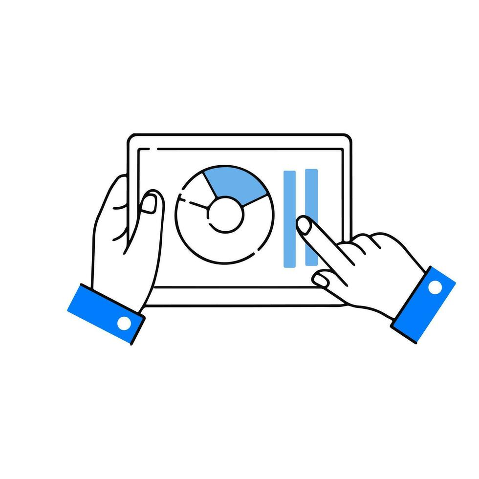 Business chart on tablet screen in hands. Touch screen device with finger. Analytics and statistics. Growth graph. Outline cartoon illustration vector