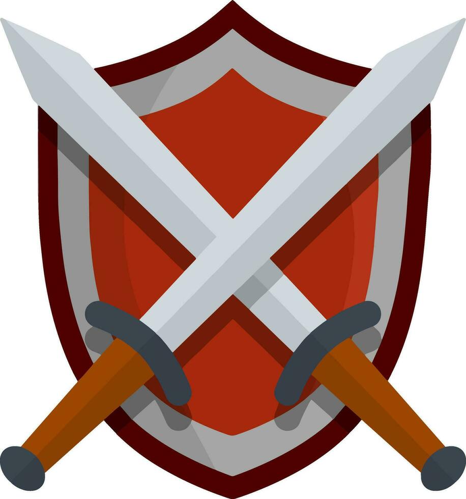 Medieval heraldic coat of arms. Cartoon flat illustration. Defense and protection. Old weapons and armor of knight and warrior. Grey guard shield and crossed sword vector