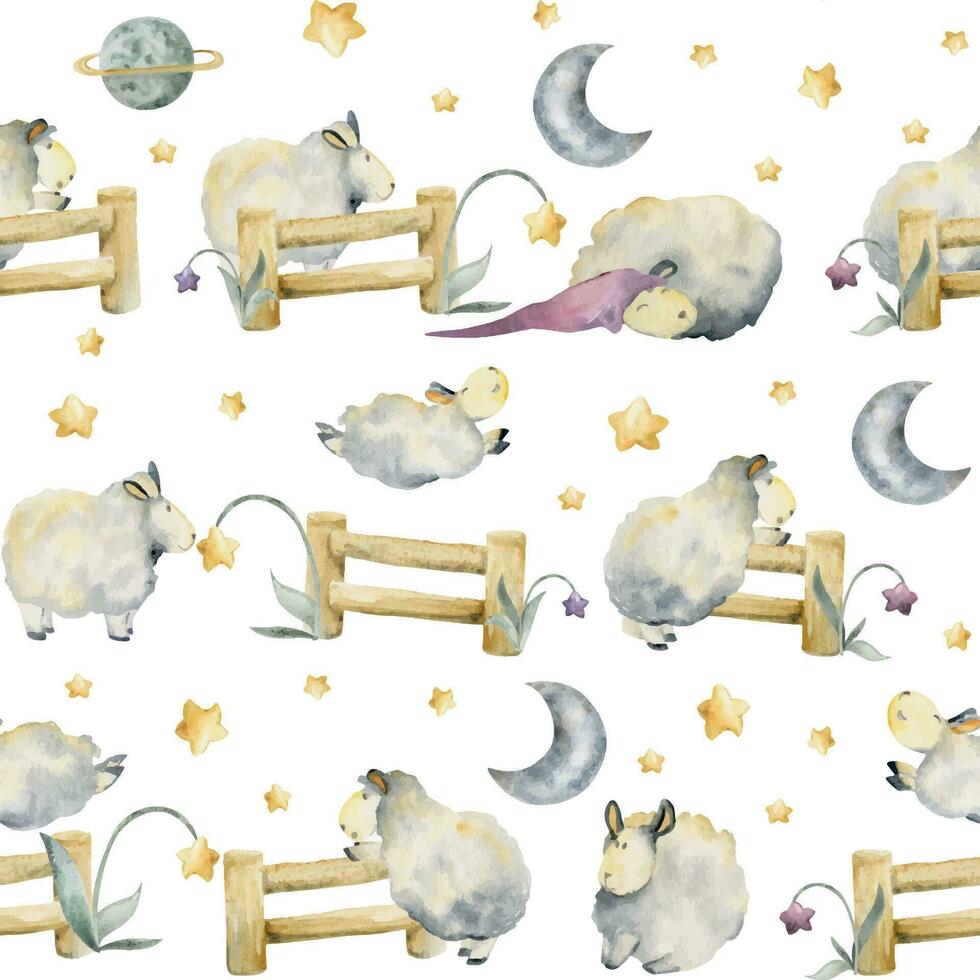 Watercolor hand drawn illustration, cute plush baby sheep jumping over fence with magical star flowers. Seamless pattern Isolated on white background. For kids, children bedroom, fabric, linens print vector