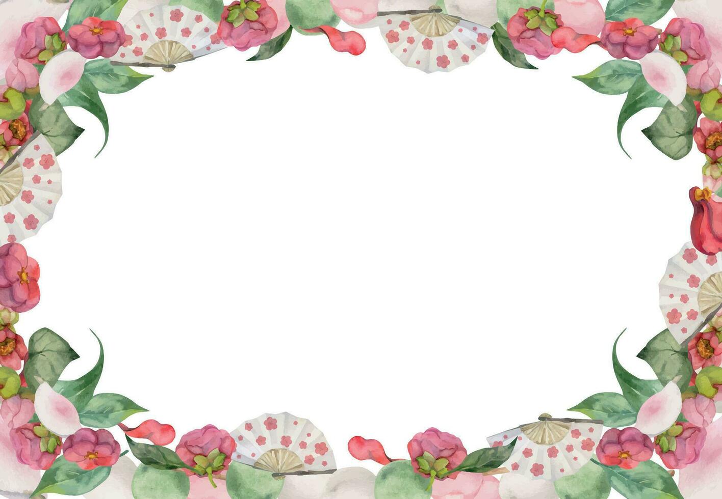 Watercolor hand drawn traditional Japanese sweets. Frame with winter wagashi and camellia. Isolated on white background. Design for invitations, restaurant menu, greeting cards, print, textile vector