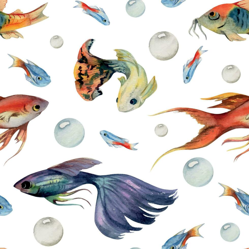 Hand drawn watercolor aquarium fish, algae, sealife. Marine exotic underwater illustration. Seamless pattern isolated on white background. Design for shops, brochure, print, card, wall art, textile. vector