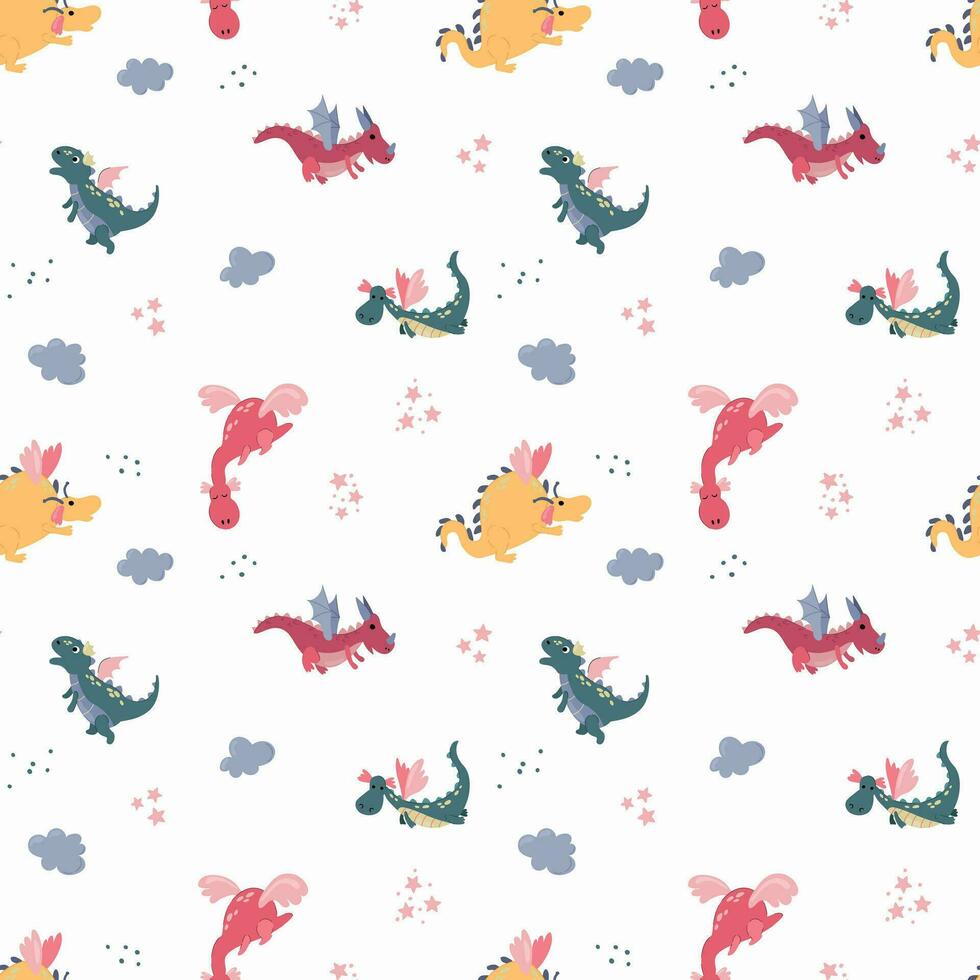 Seamless pattern with cute hand drawn dragons. Design for fabric, textile, wallpaper, packaging. vector
