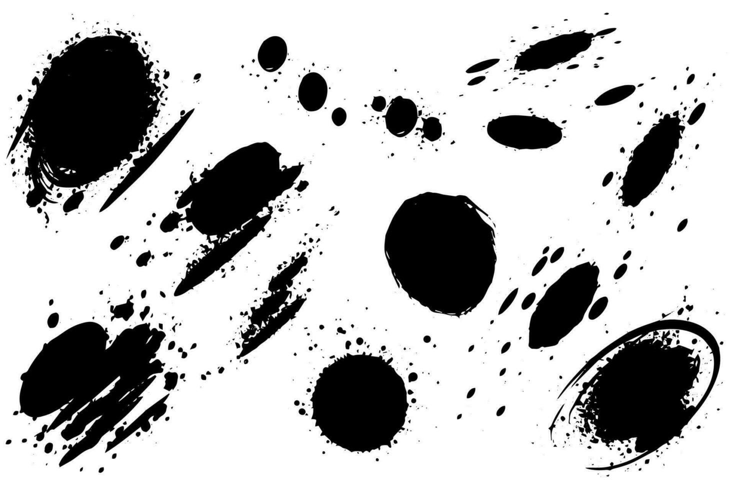 Vector set of ink splashes. Black inked splatter dirt stain splattered spray splash with drops blots isolated.