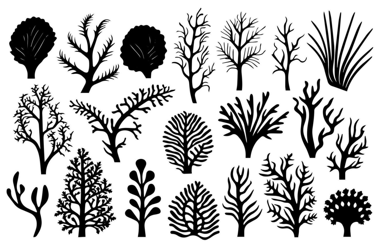 Hand drawn set of corals and seaweed silhouette isolated on white background. Vector icons and stamp illustration.