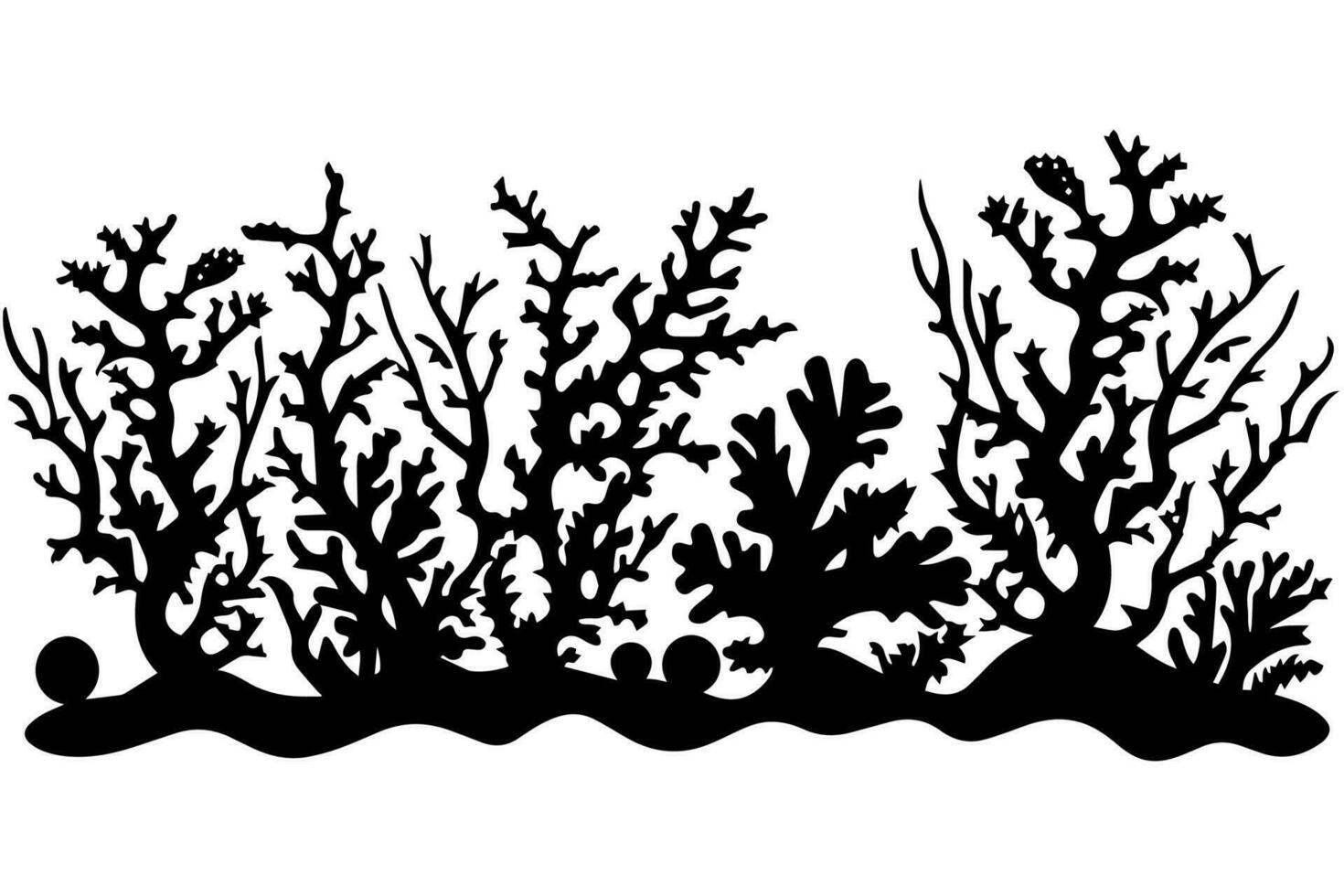 Hand drawn corals and seaweed silhouette isolated on white background. Vector icons and stamp illustration.