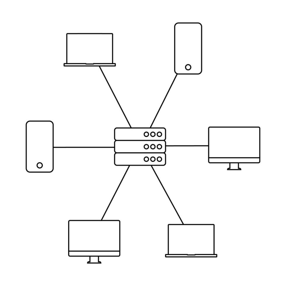 Web 3.0. Line scheme with devices and server vector