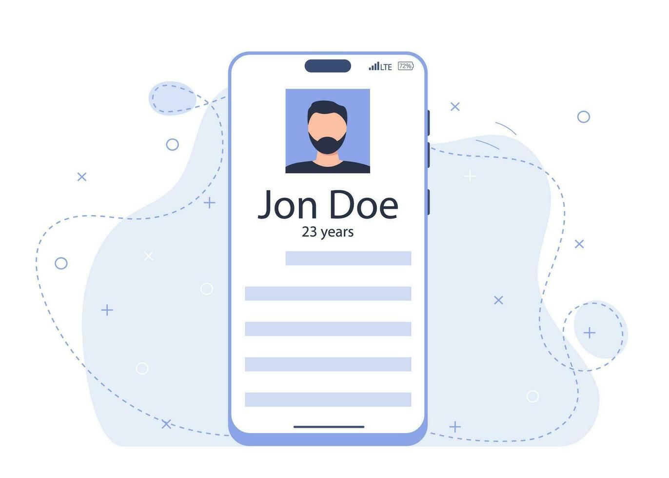 Resume of a young potential worker on the phone screen. Vector modern illustration