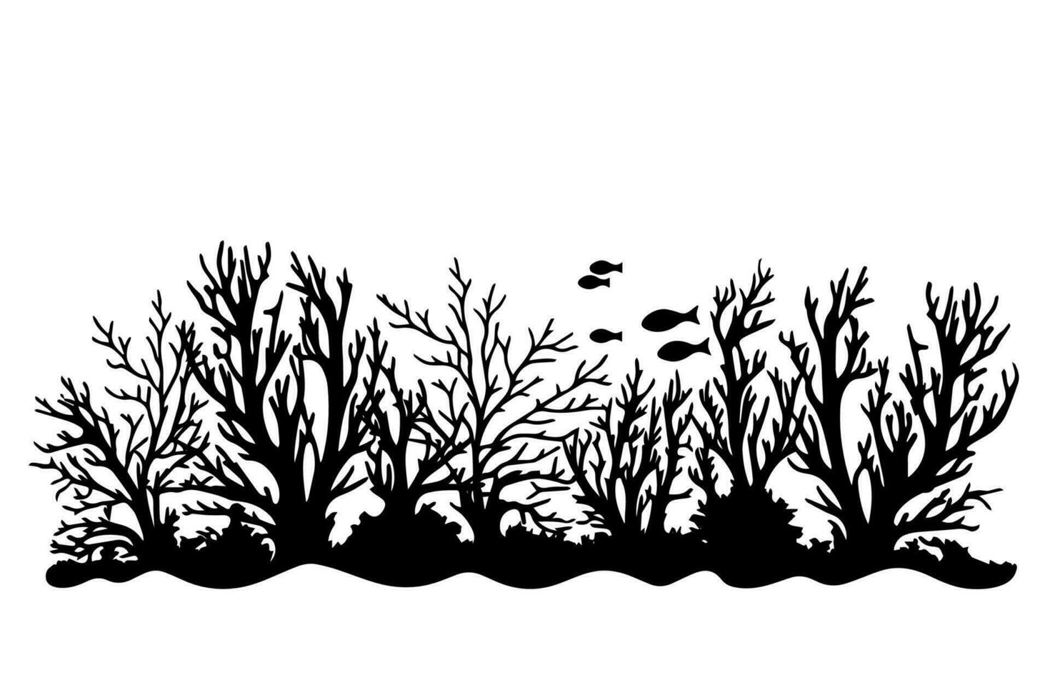 Hand drawn corals and seaweed silhouette isolated on white background. Vector icons and stamp illustration.