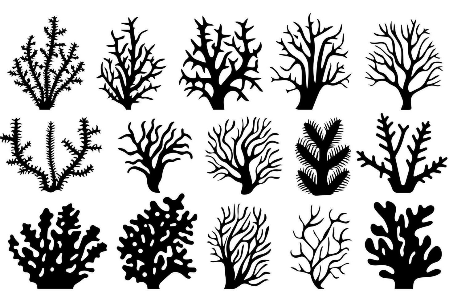 Hand drawn set of corals and seaweed silhouette isolated on white background. Vector icons and stamp illustration.