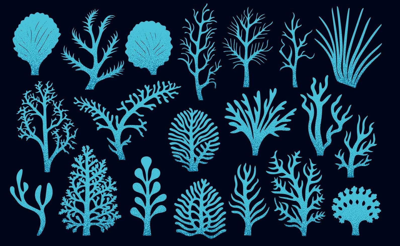 Abstract trendy seaweed, shape aesthetic silhouette.  Set of blue elements isolated on black background. Vector Illustration.