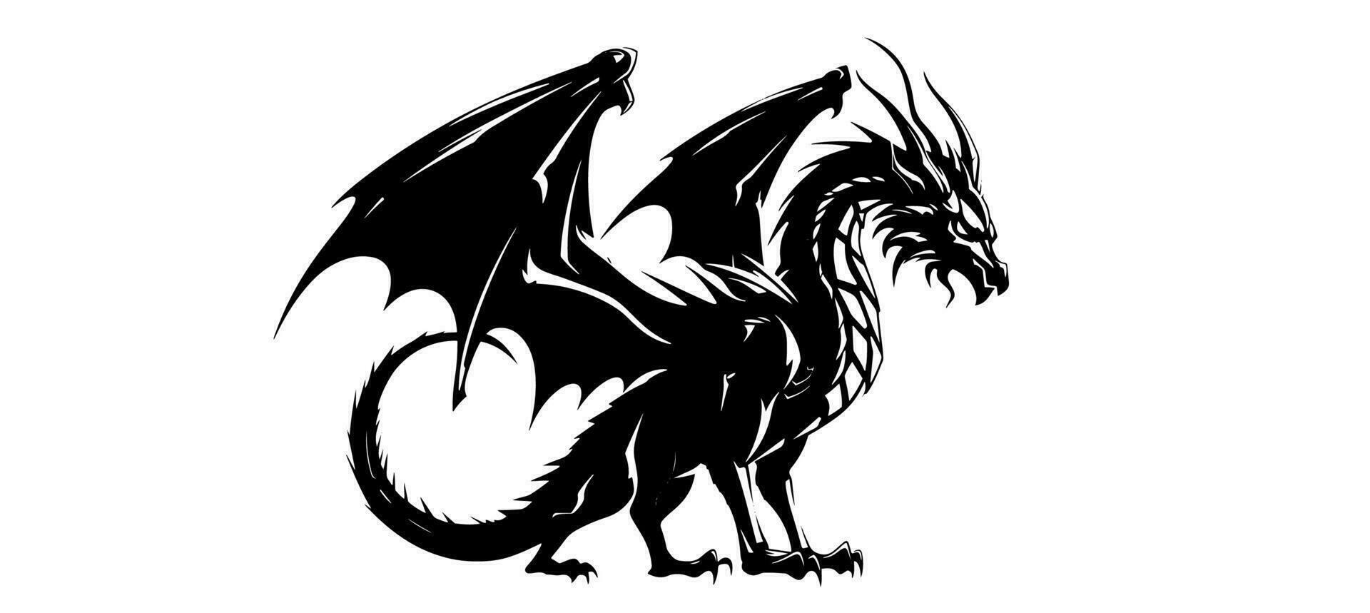 Graphic silhouette of black dragon isolated on white background. Vector illustration .