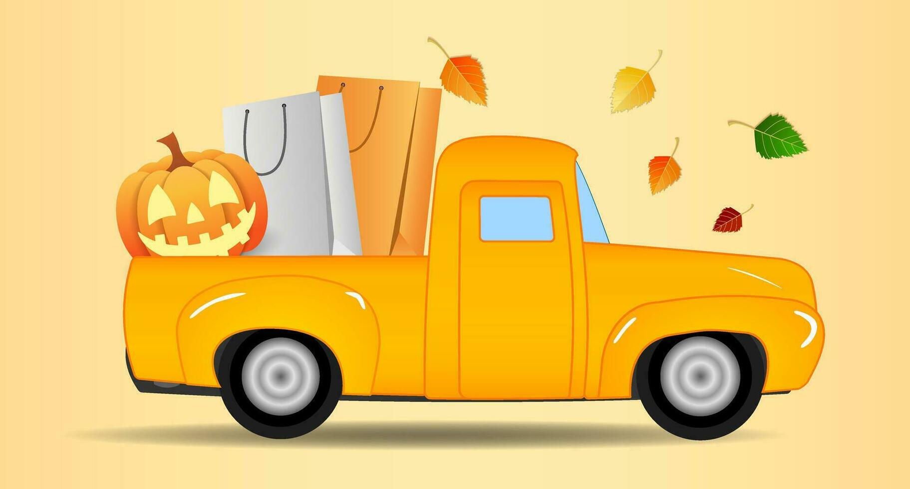 Happy Halloween truck with Jack O Lantern pumpkin lantern in the back. Wide vector banner for postcards, flyers, leaflets, party invitations