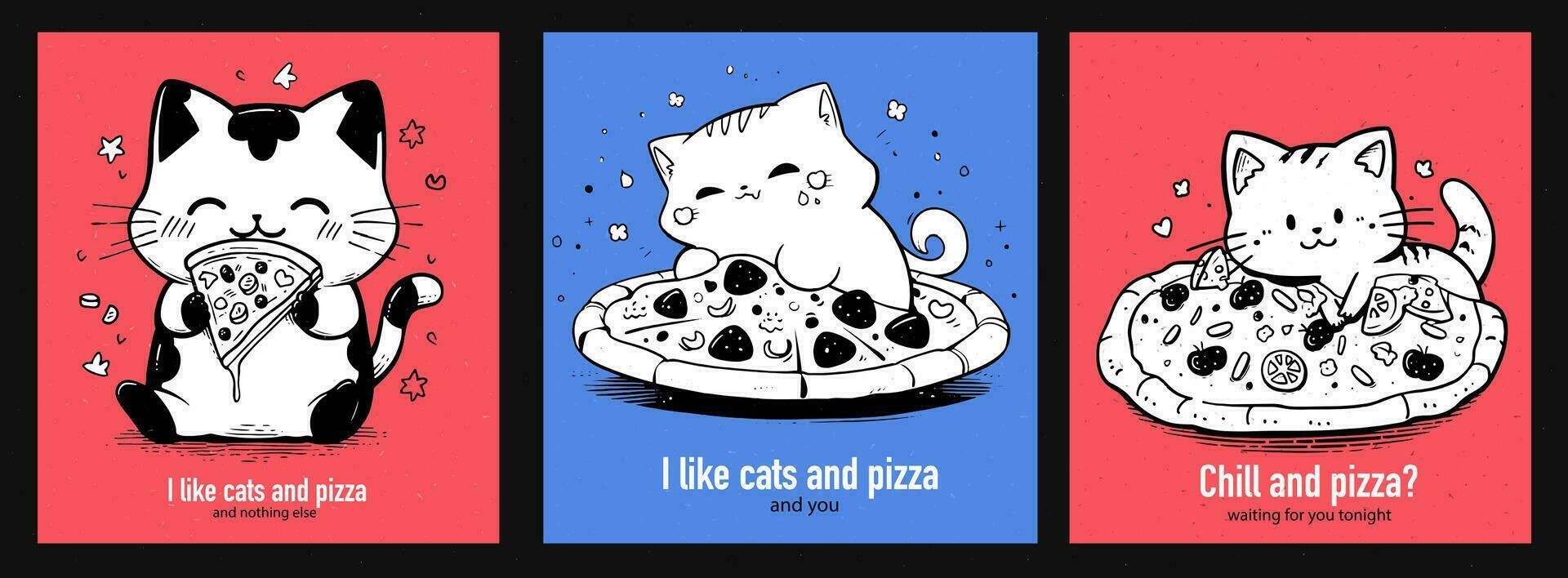 Set of prints with cats and pizza on red and blue background. Template for posts to social networks. Banner for advertising, cover for menu. vector