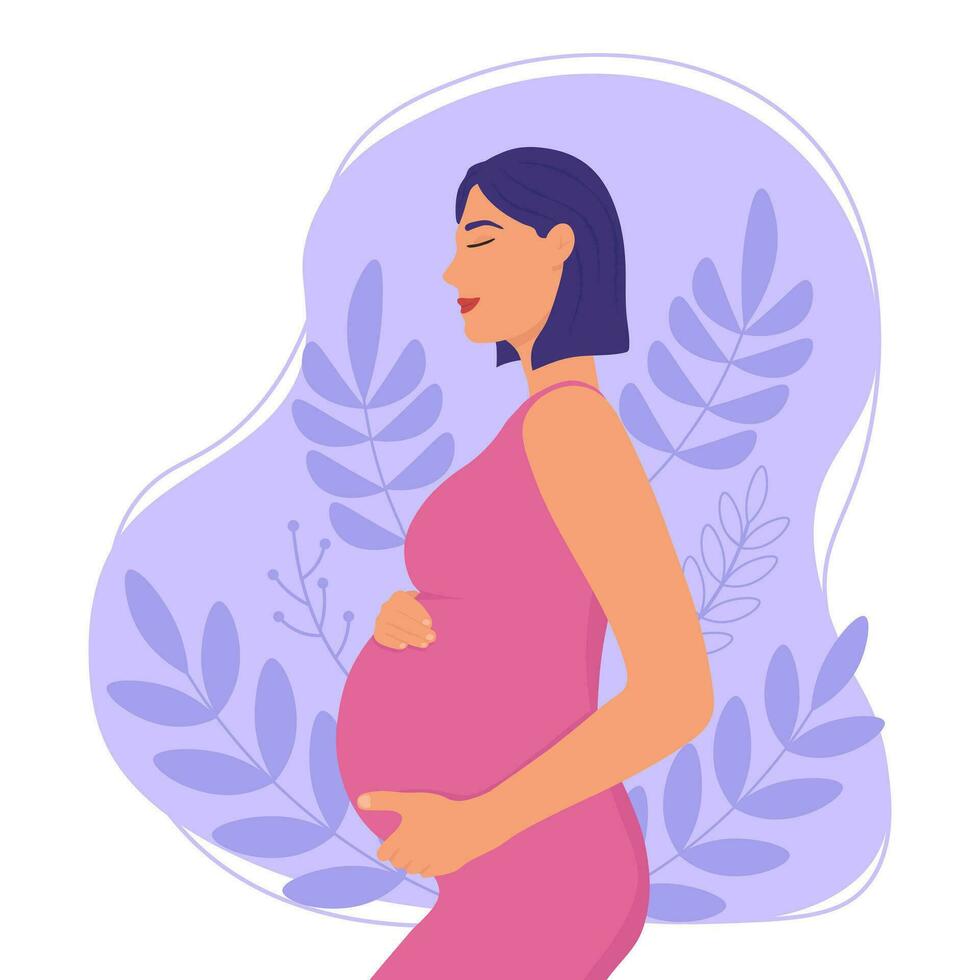 Happy pregnant woman holding her belly. The expectation of child. Vector illustration.