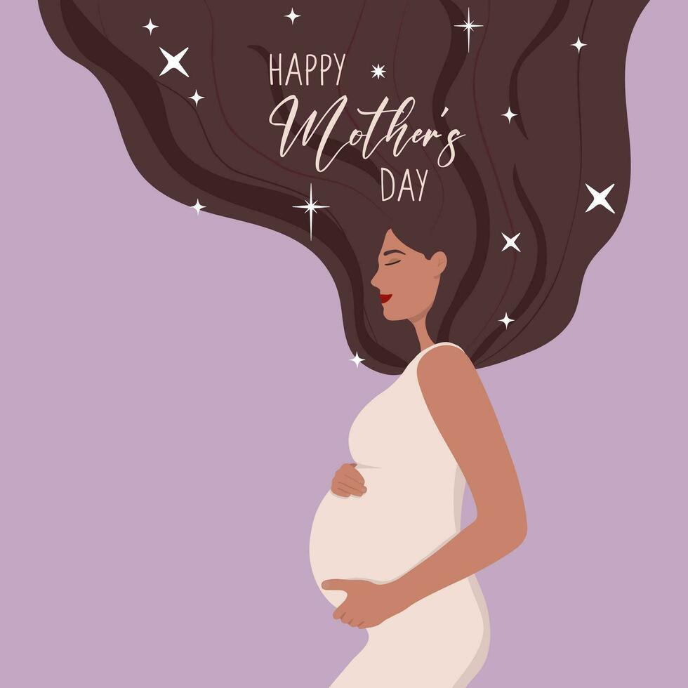 Happy pregnant woman holding her belly. The expectation of child. Happy Mother's Day. Charming happy girl with long hair. Vector template with for card, poster, flyer