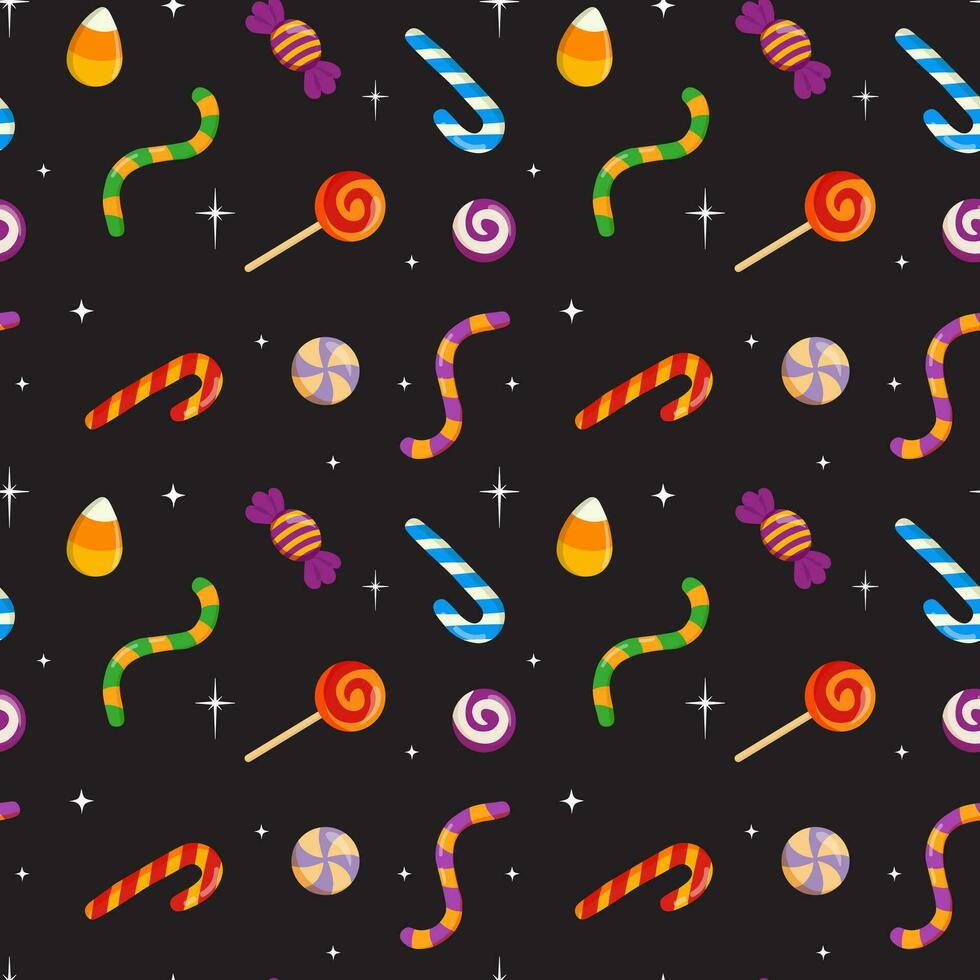 Halloween holiday seamless pattern. Vector candies with halloween elements and ornaments. Cartoon flat vector style. Baby texture for fabric, wrapping, textile, wallpaper, clothing, greeting cards.