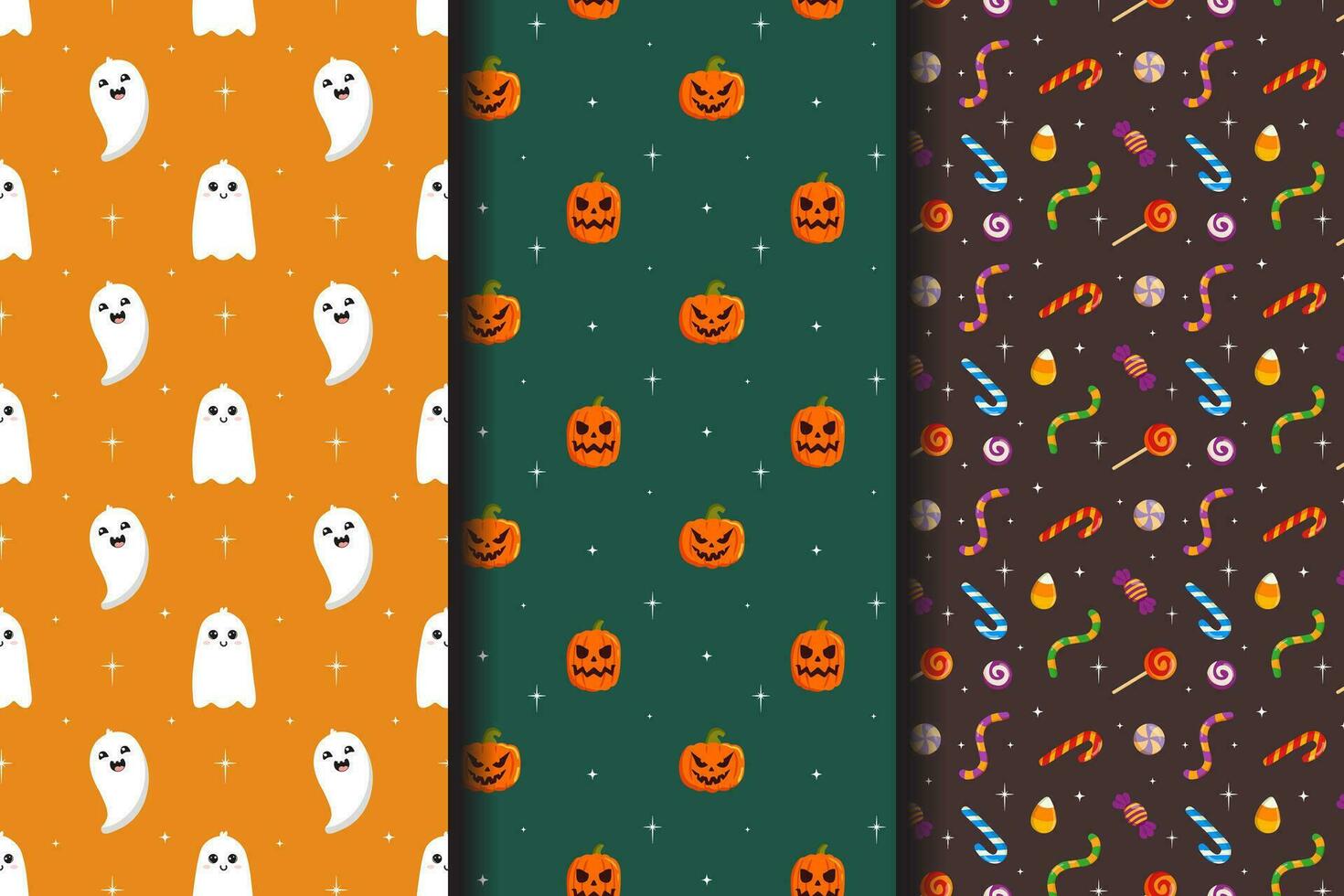 Set of Halloween seamless patterns. Baby background for t-shirt print, packaging, wrapping paper, etc.  Cute pumpkin and smiling ghost, sweets. vector