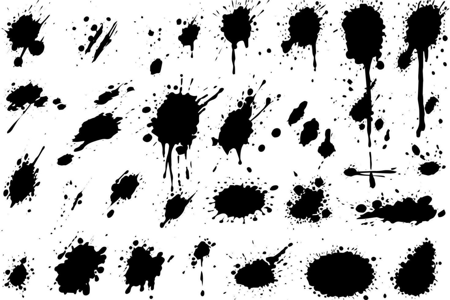 Vector set of ink splashes. Black inked splatter dirt stain splattered spray splash with drops blots isolated.