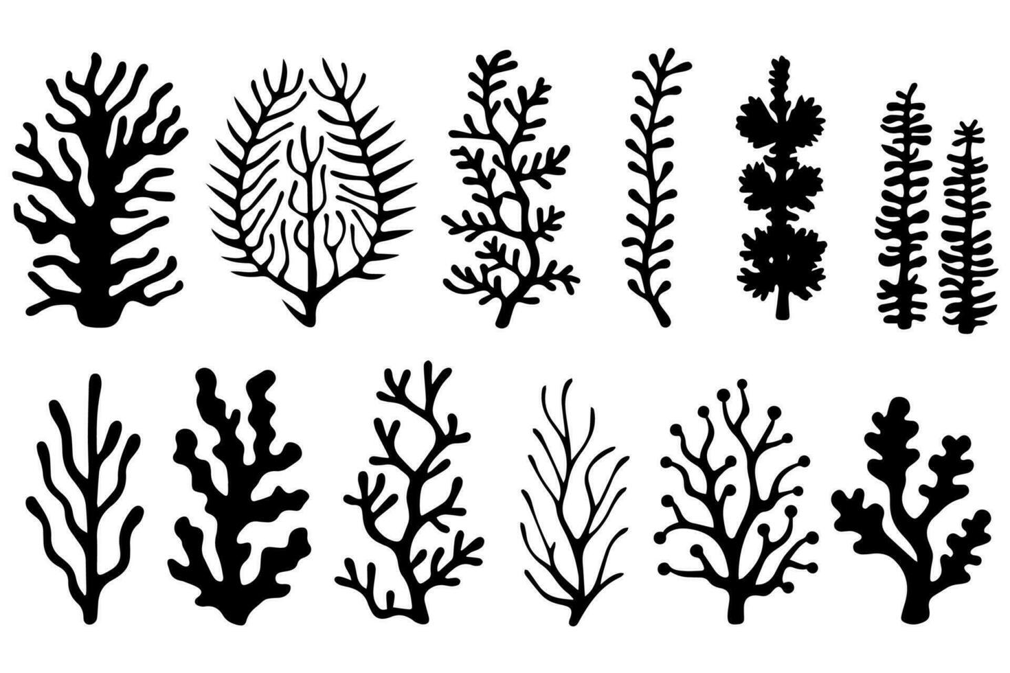 Hand drawn set of corals and seaweed silhouette isolated on white background. Vector icons and stamp illustration.