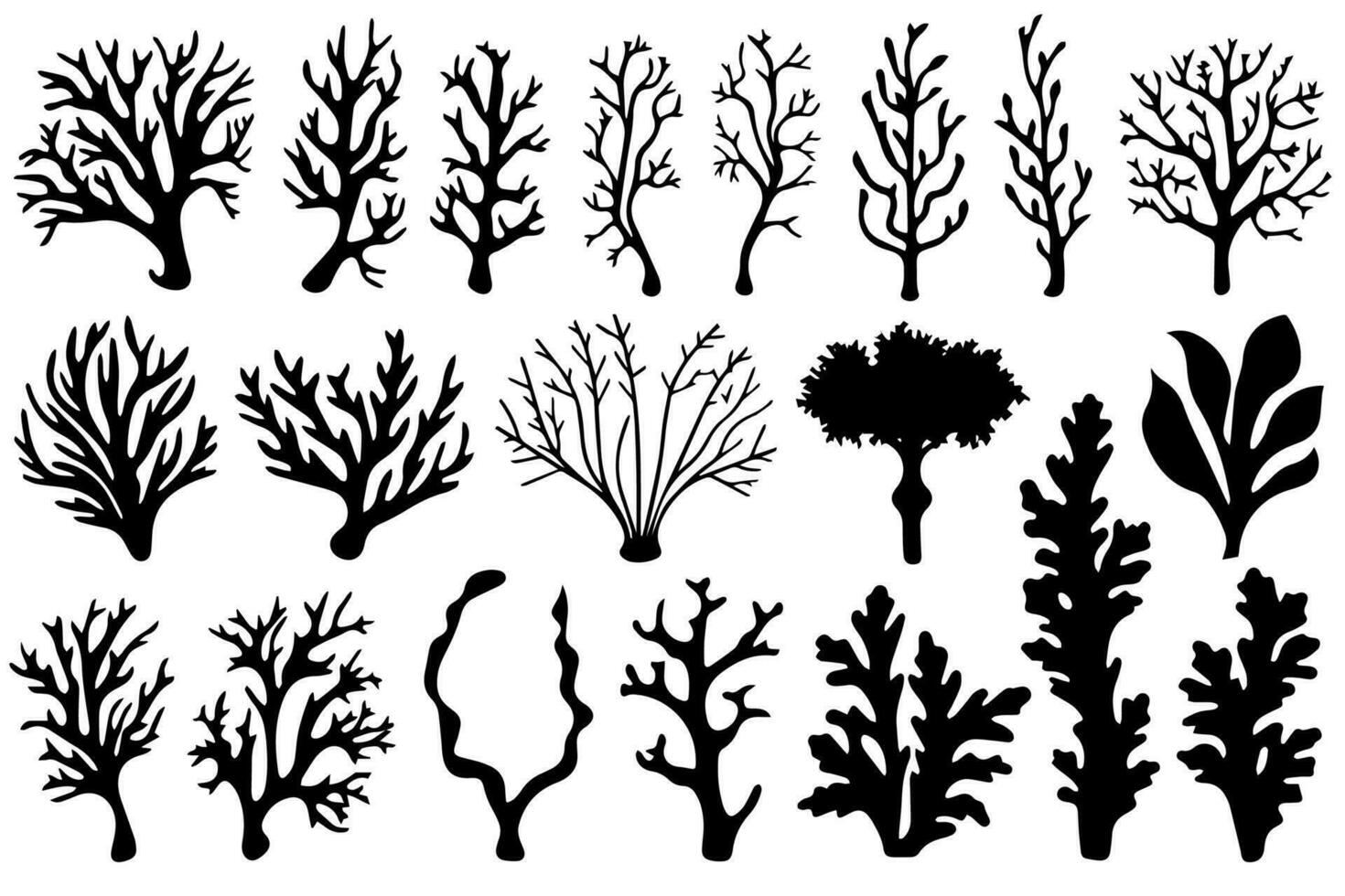 Hand drawn set of corals and seaweed silhouette isolated on white background. Vector icons and stamp illustration.