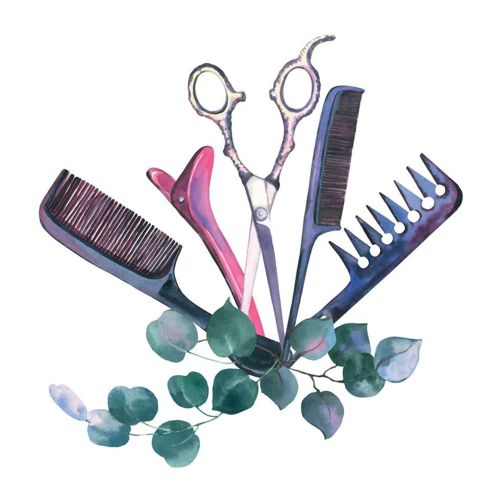 Watercolor Hairdressing illustration. Barber shop set. Hand-drawn Hairdresser tools. Design for logo, t shirt and uniform. vector