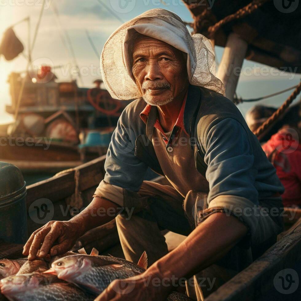 a man sitting on a boat with fish photo