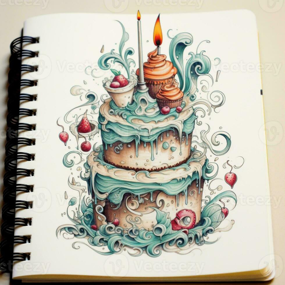 a drawing of a cake with candles and a candle photo