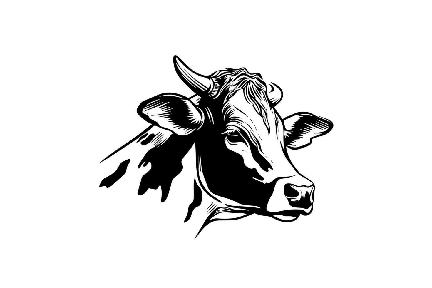 Cow head with horns logotype engraving style isolated vector illustration.