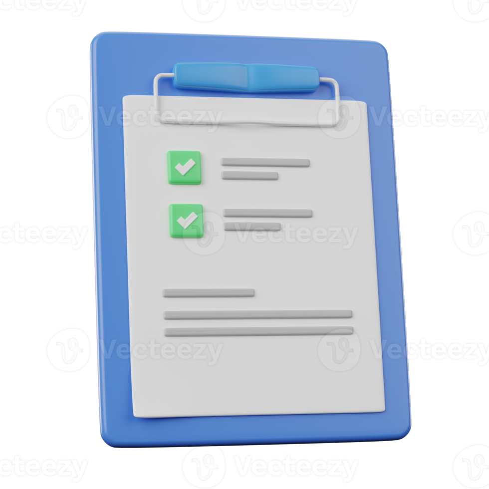 3d illustration of White paper task management to do check list on clip board holder png