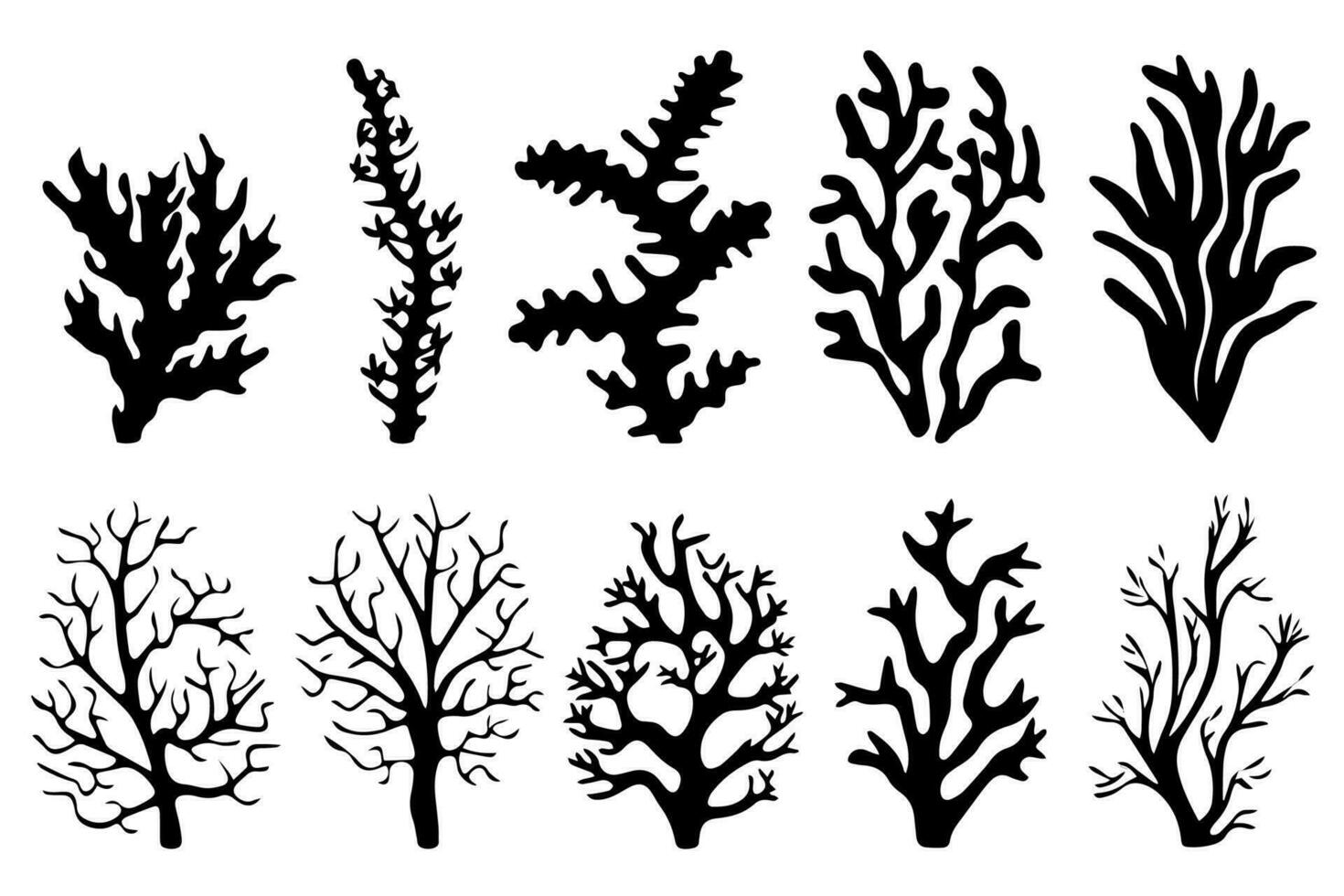 Hand drawn set of corals and seaweed silhouette isolated on white background. Vector icons and stamp illustration.