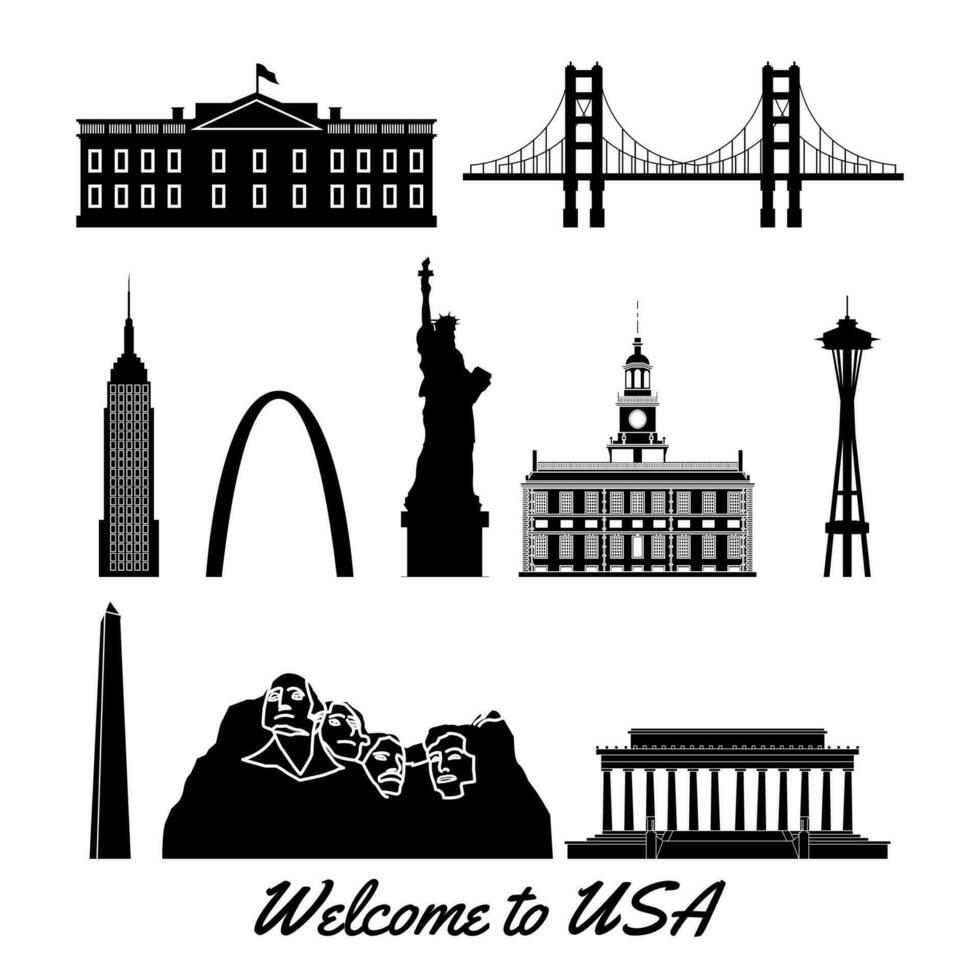 set of usa famous landmarks by silhouette style vector