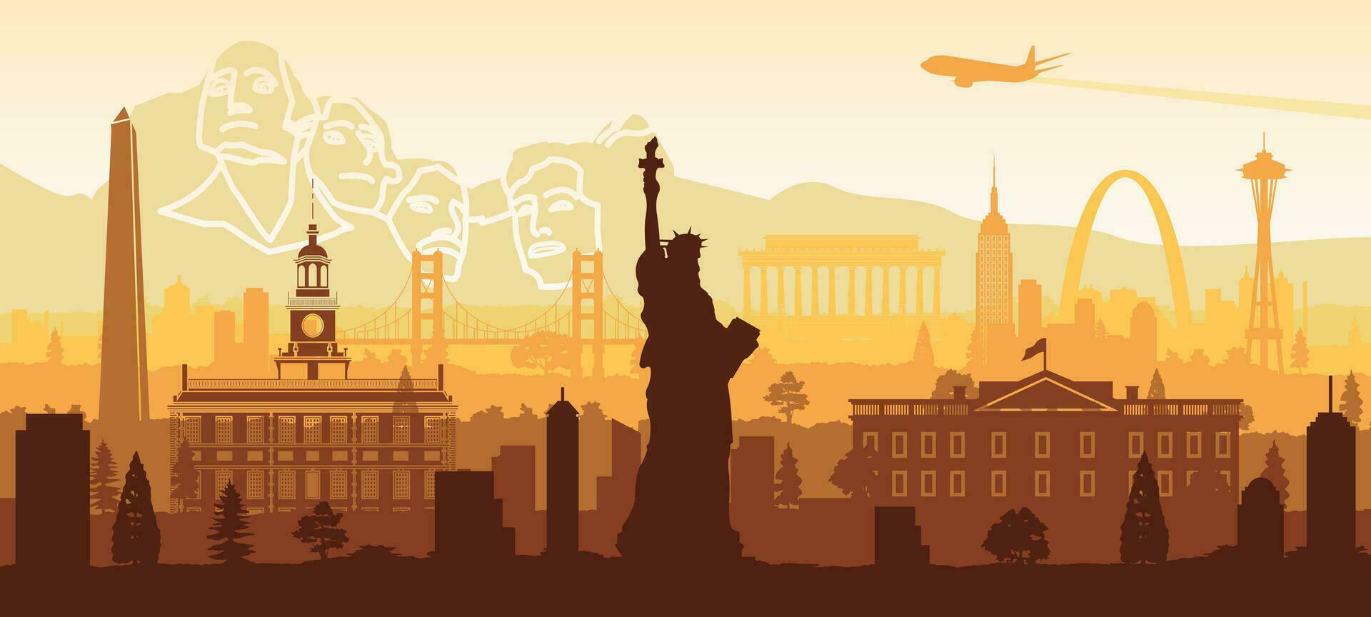 USA famous landmarks silhouette style with yellow and white color vector